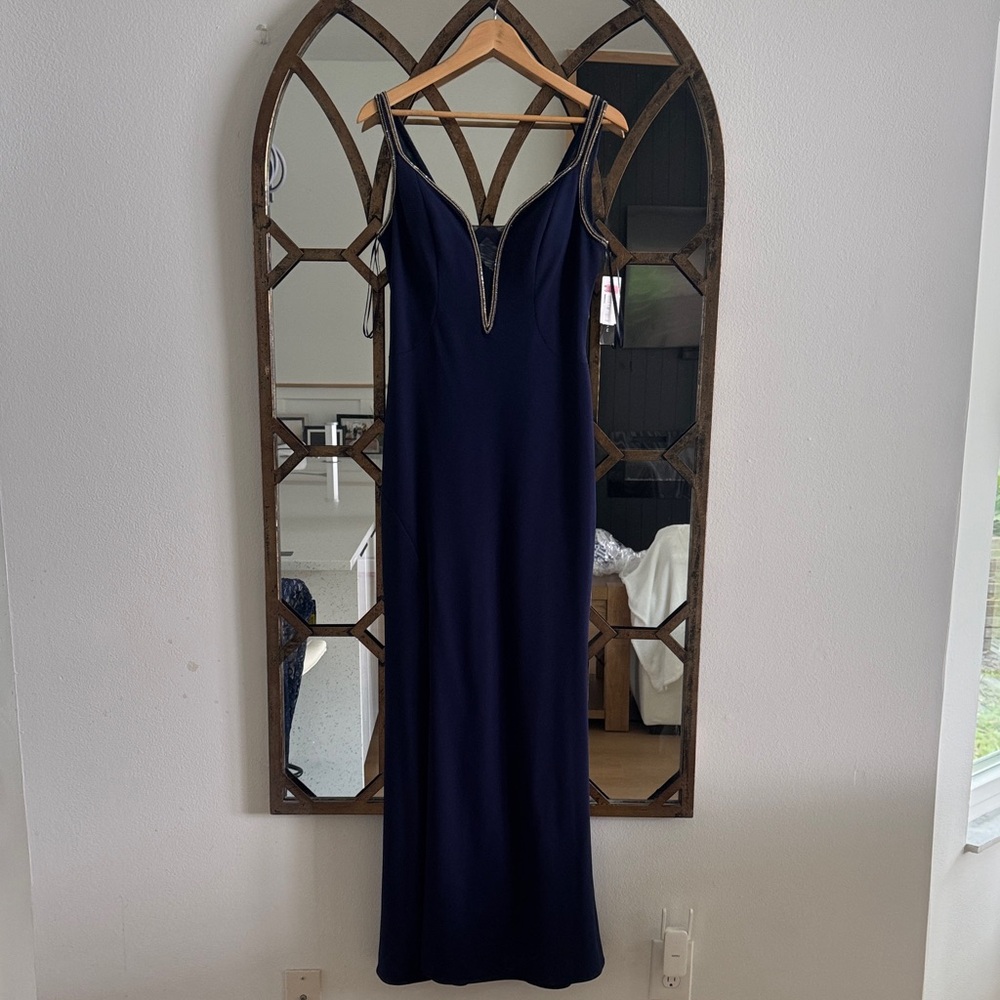 Betsy & Adam Blue Black Plunge Maxi Gown
